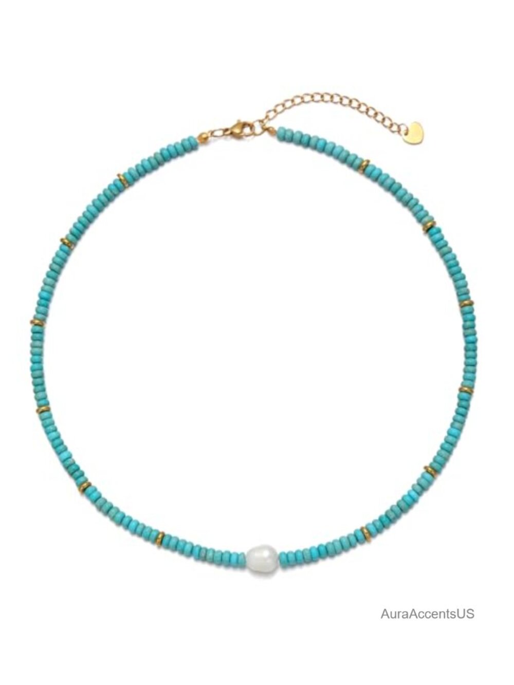 Beaded Pearl Choker Necklace with Turquoise Gemstone 16in Adjustable